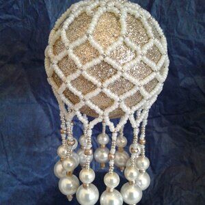 Gold Beaded Christmas Ornament with Faux Pearl Drops – Handmade